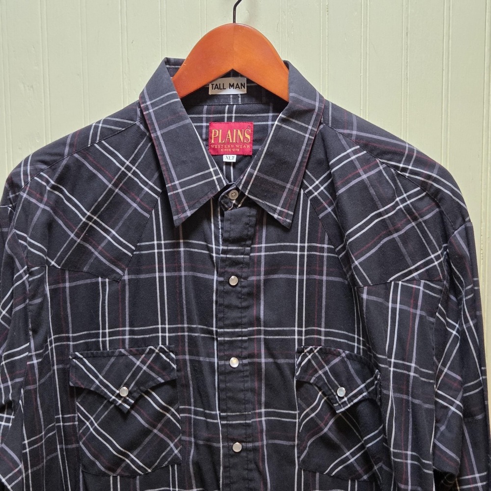 Plains Shirt Mens XLT‎ Black Plaid Long Sleeve Western Snap Button Up Tall